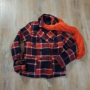 American Eagle Outfitters Double-Breasted Red Navy Plaid Peacoat Women's Medium